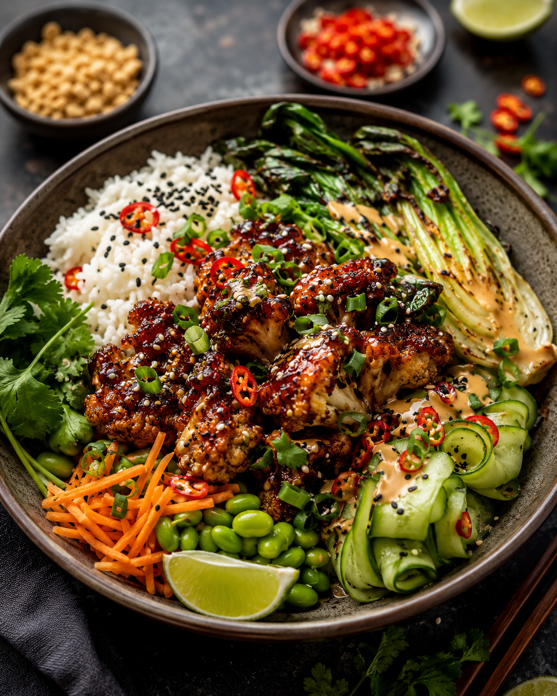 Sticky Gochujang-Blumenkohl-Bowl mit Sesam-Limetten-Creme