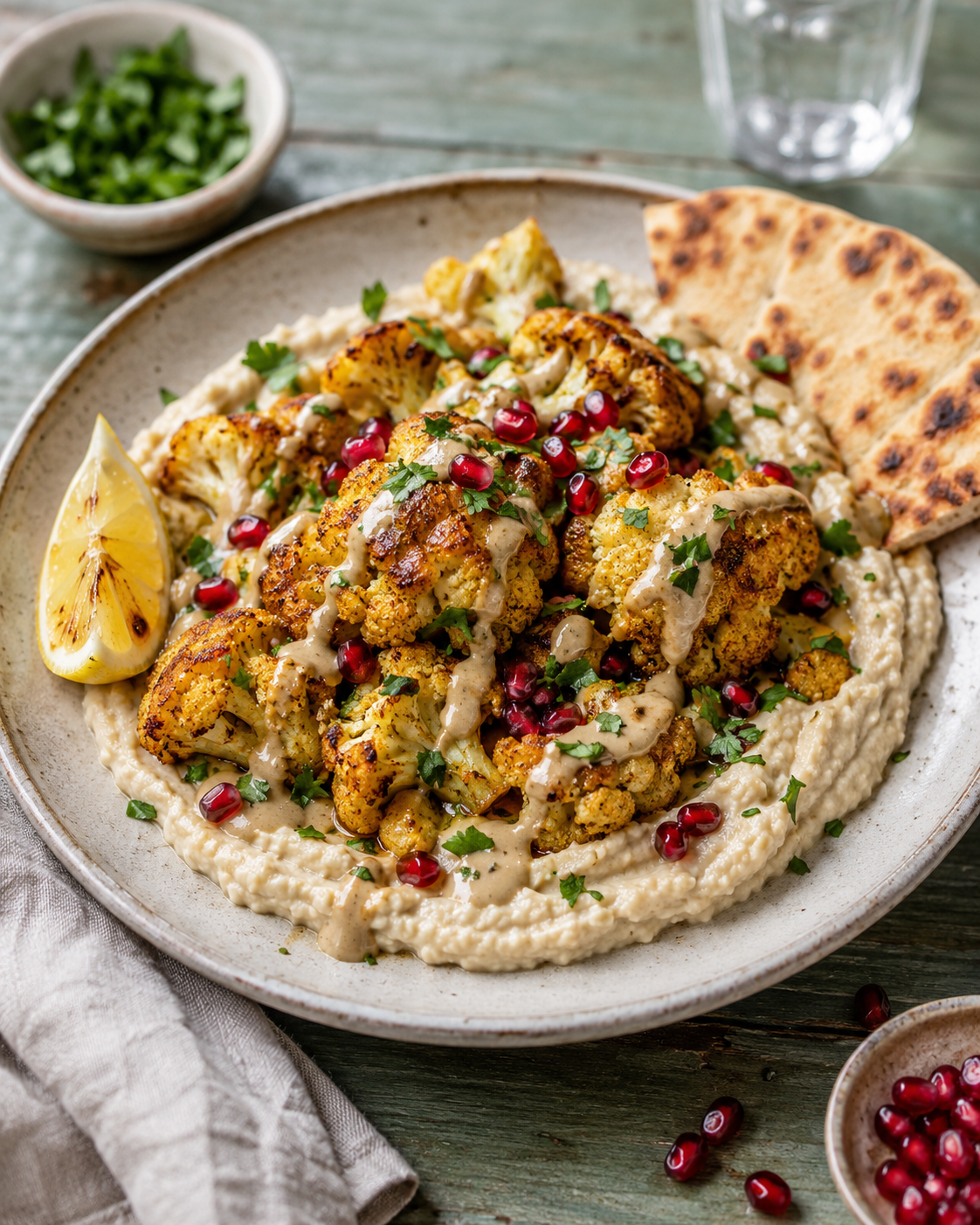 Knuspriger Ofen-Blumenkohl auf Zitronen-Hummus