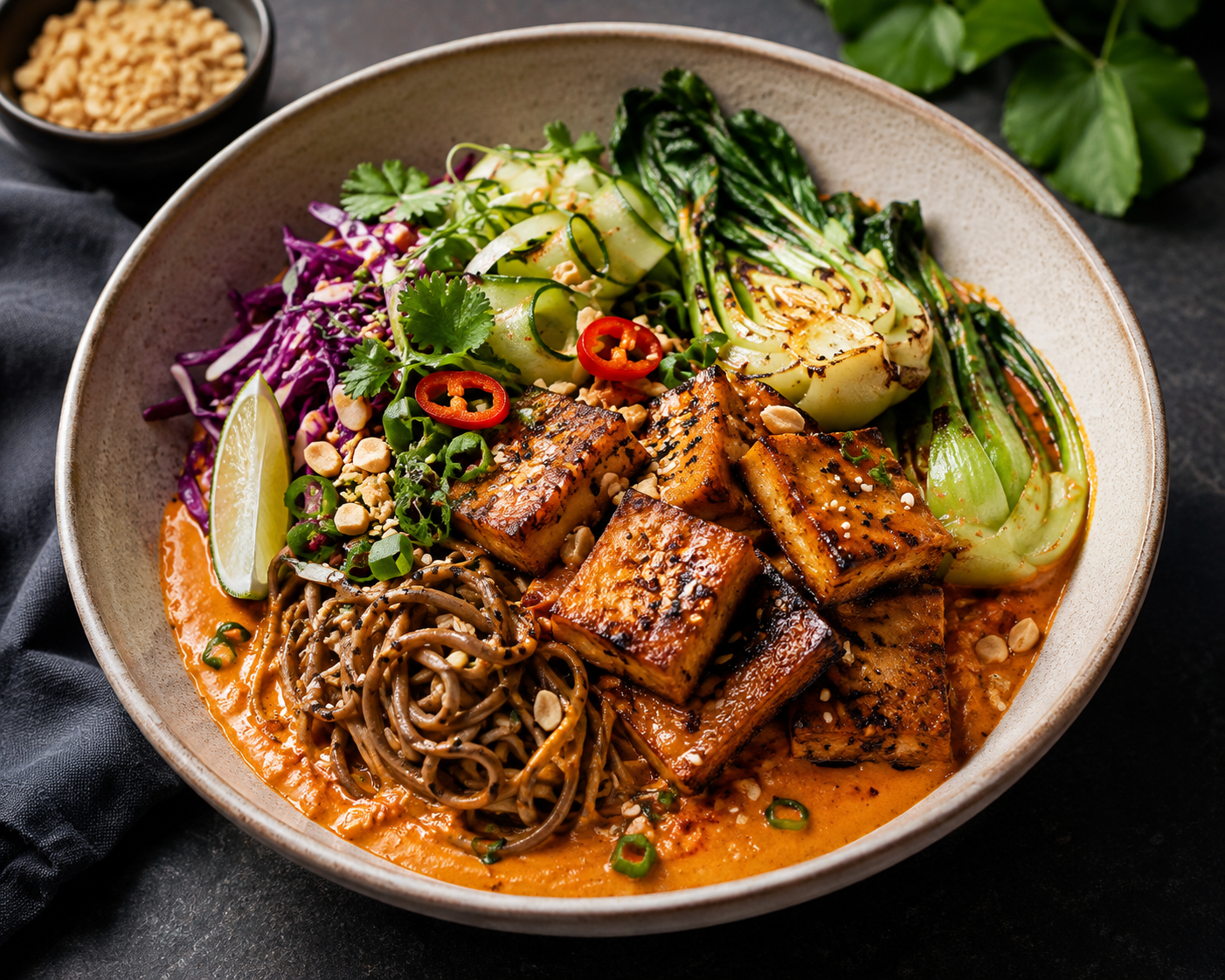 Cremige Erdnuss-Curry-Nudeln mit knusprigem Tofu