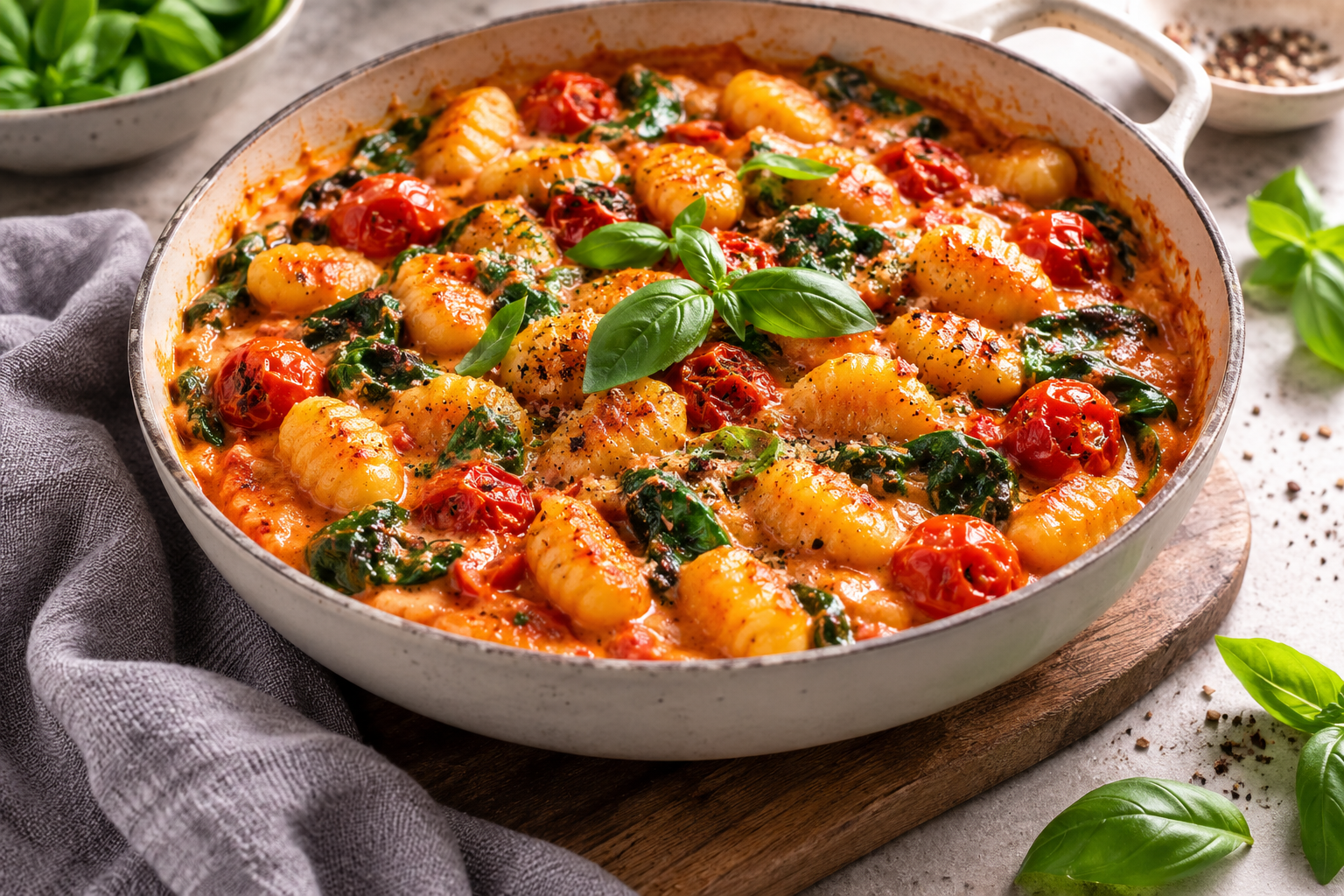 Cremige Tomaten-Gnocchi mit Spinat
