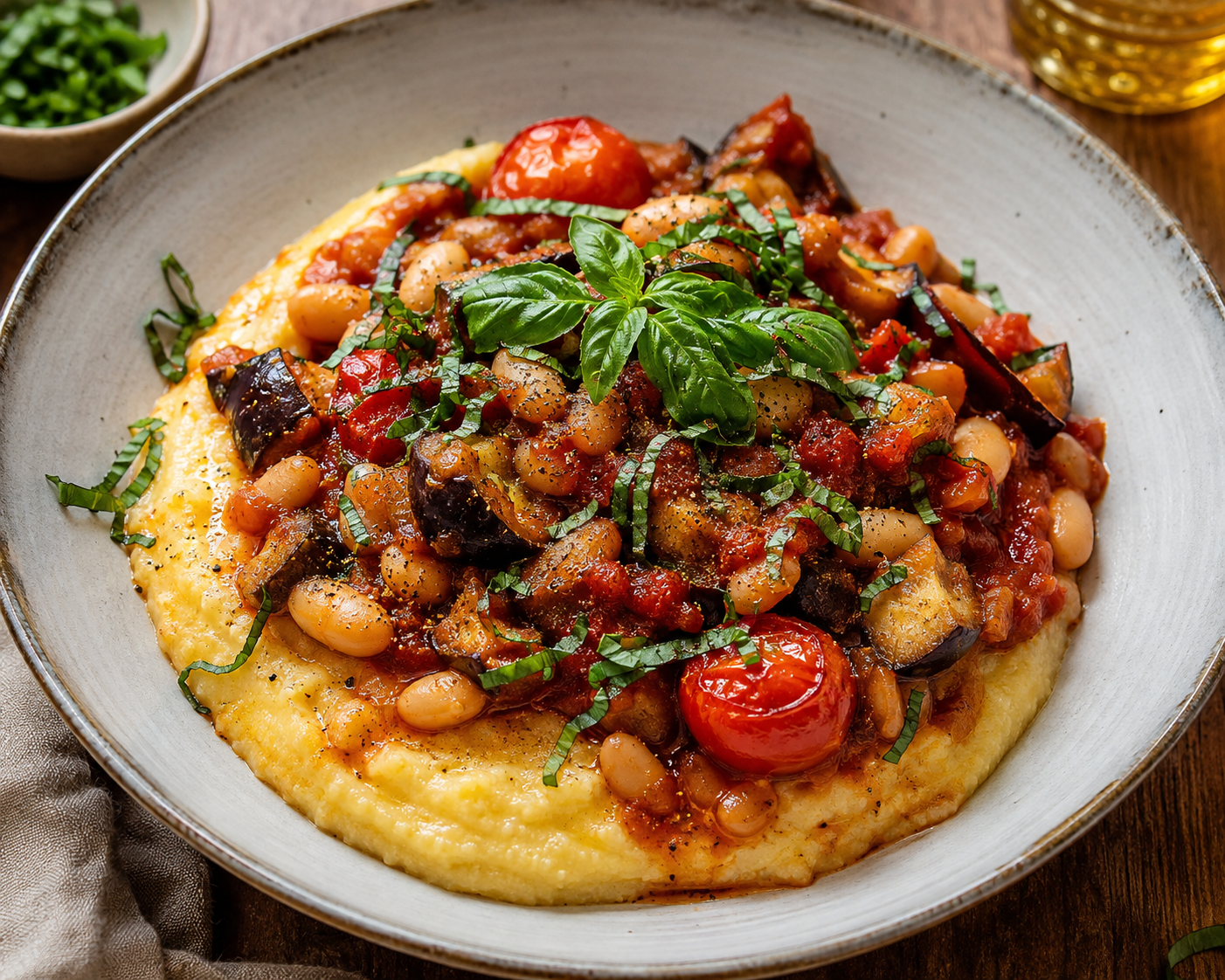 Cremige Polenta mit mediterranem Bohnen-Auberginen-Ragout