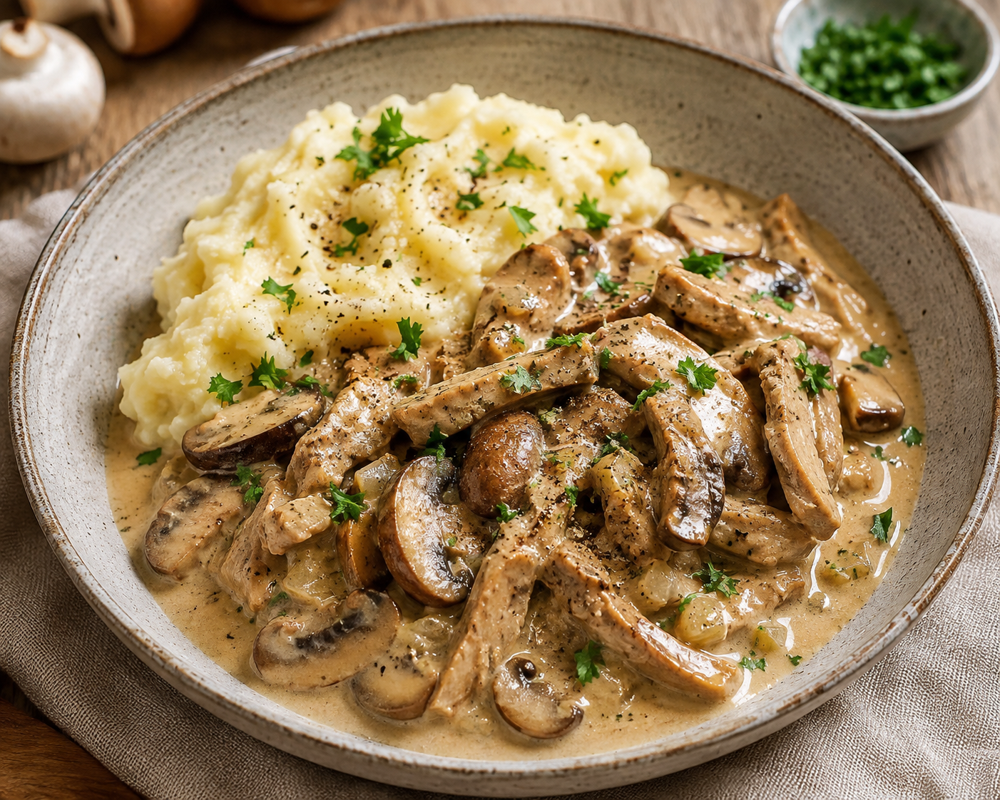 Veganes Pilz-Stroganoff mit Kartoffelstock