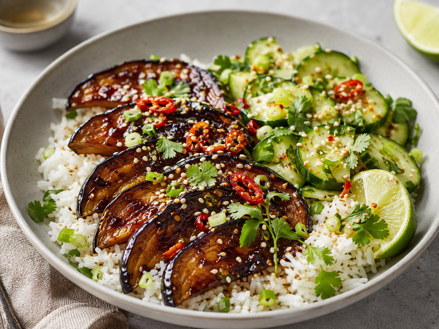 Knusprige Miso-Chili-Aubergine auf Sesamreis mit Limetten-Gurken-Salat