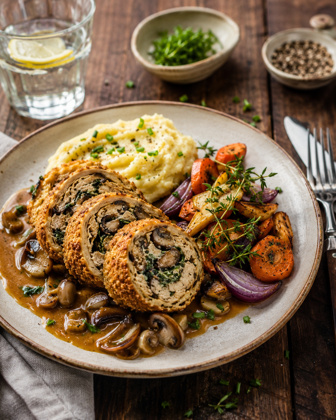 Knusprige Pilz-Roulade mit Kartoffelcreme und Thymianjus