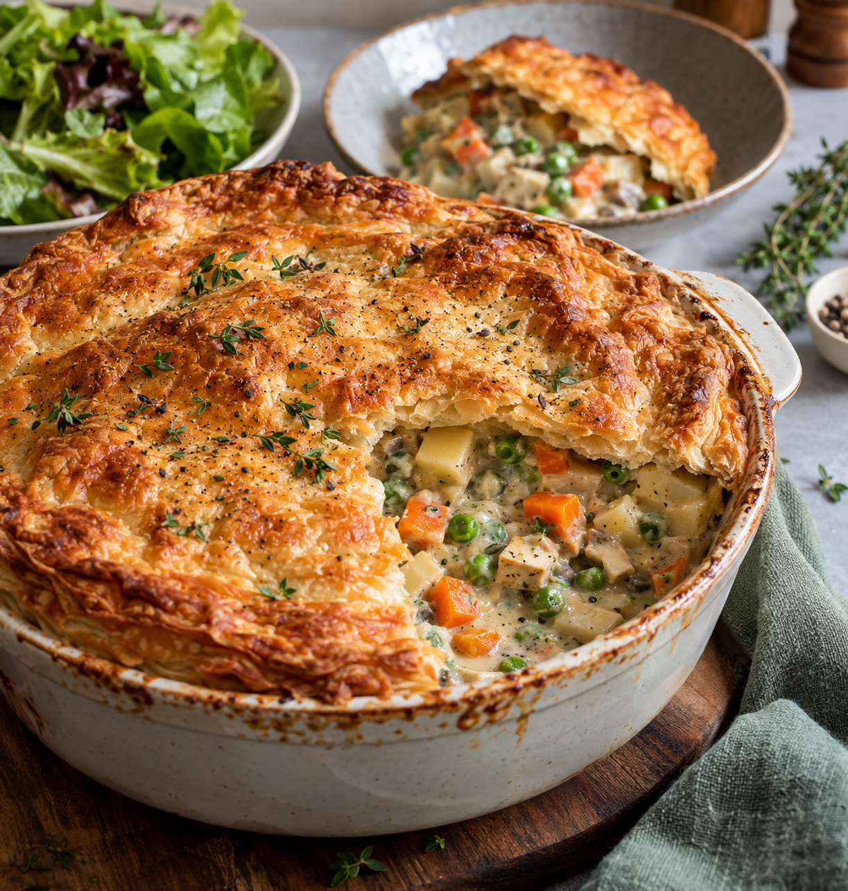 Veganer Pot Pie mit Lauch, Kartoffeln und knuspriger Blätterteighaube