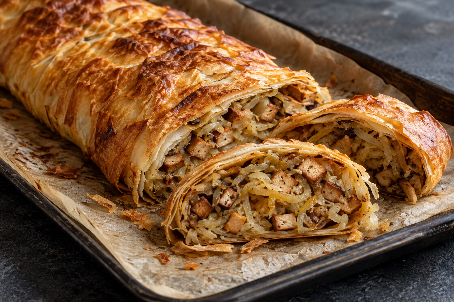 Veganer Krautstrudel mit Räuchertofu und Kümmel
