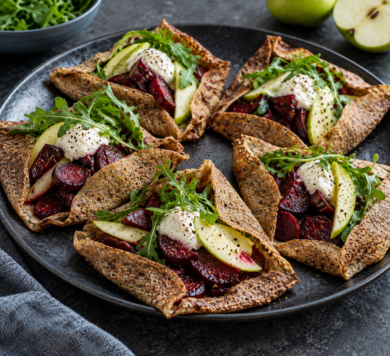 Buchweizen-Galettes mit Randen, Apfel und Meerrettichcreme