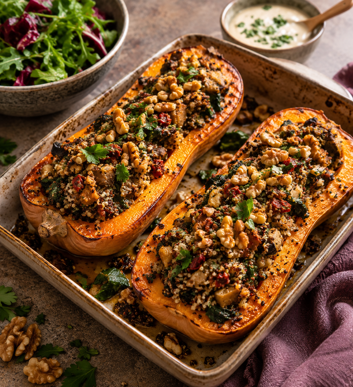Gefüllter Butternut-Kürbis mit Belugalinsen und Walnüssen
