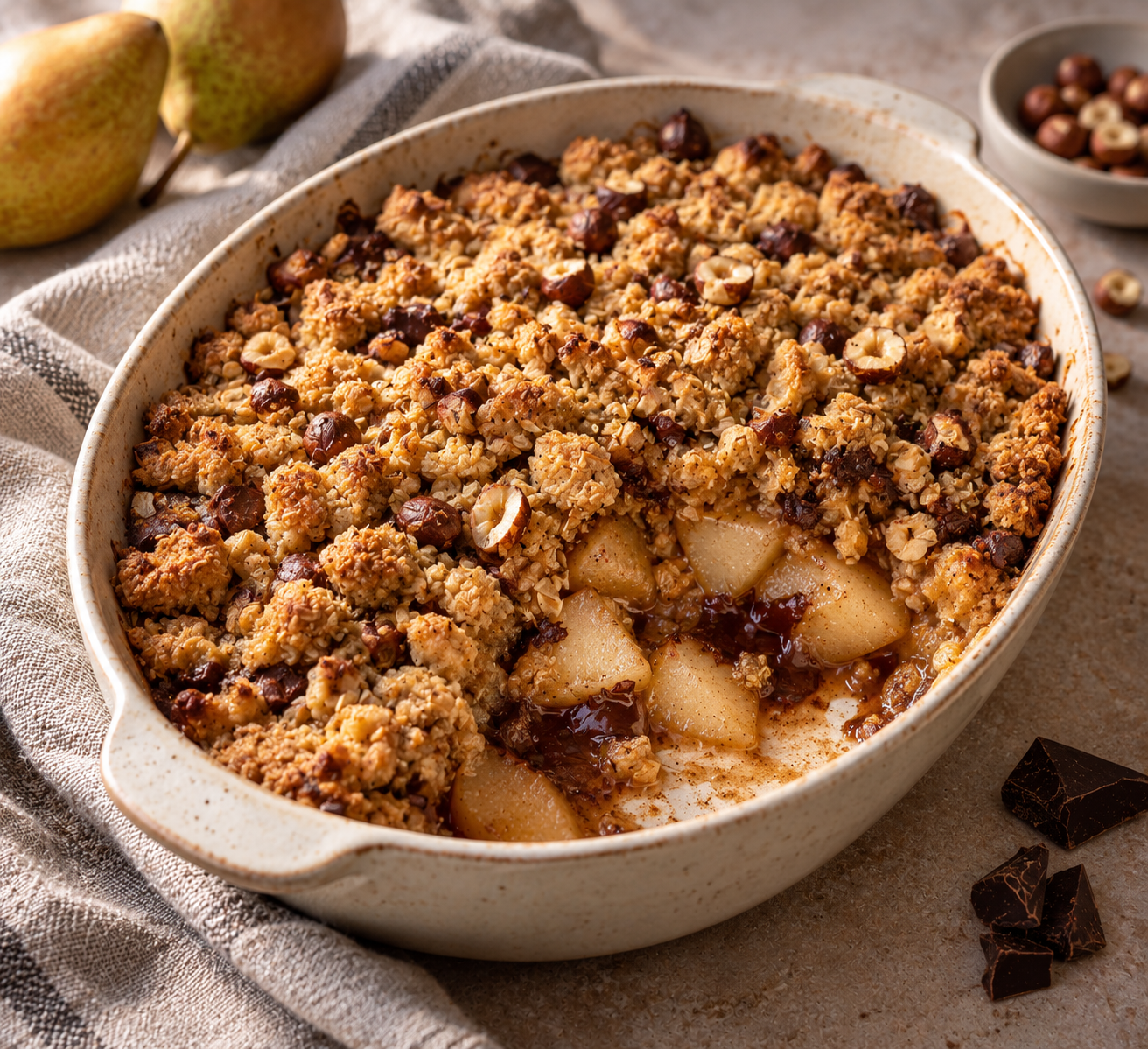 Birnen-Crumble mit Schokolade und Haselnüssen