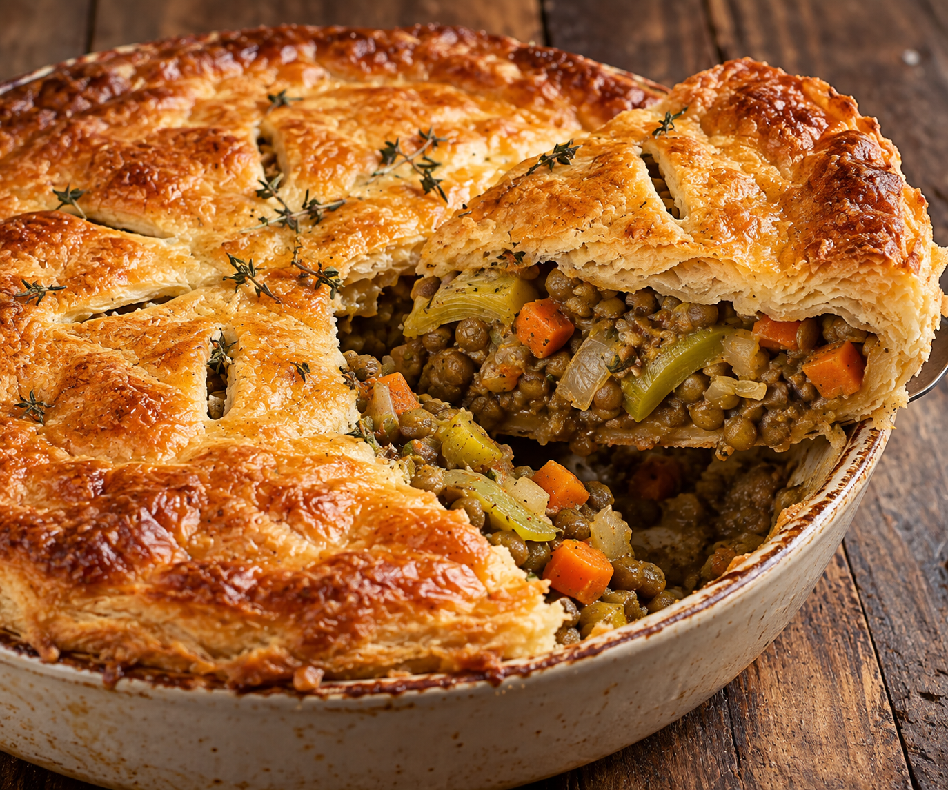 Veganer Linsen-Pie mit Lauch und knusprigem Blätterteig