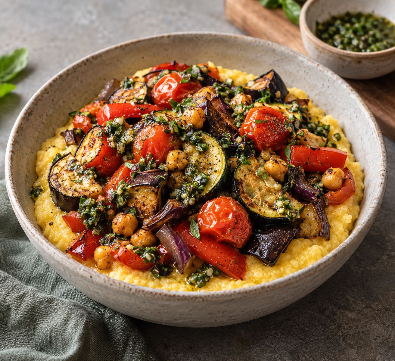 Cremige Polenta mit Ofengemüse und Kräuter-Vinaigrette