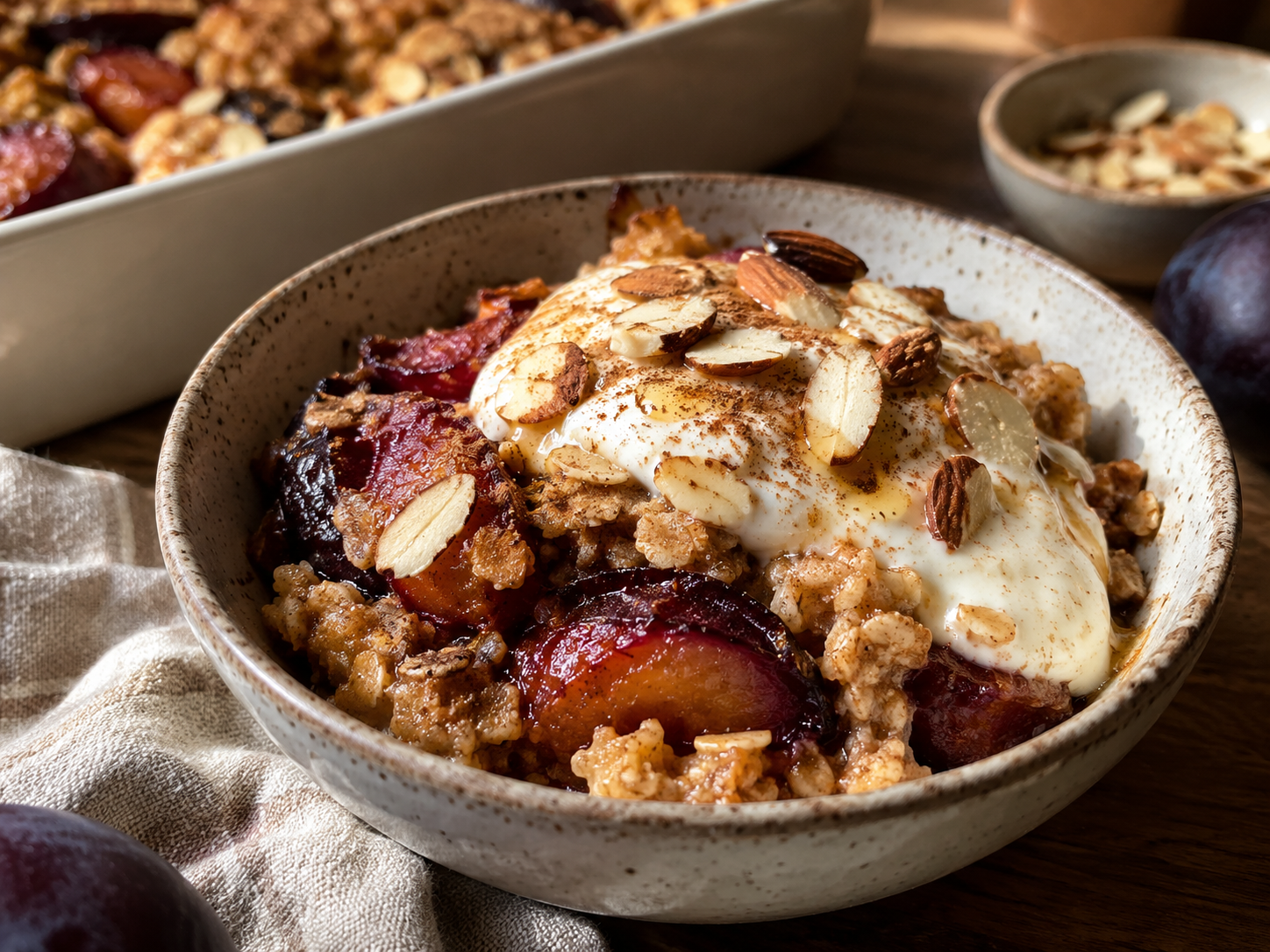 Zwetschgen-Zimt-Baked-Oats mit Vanillejoghurt