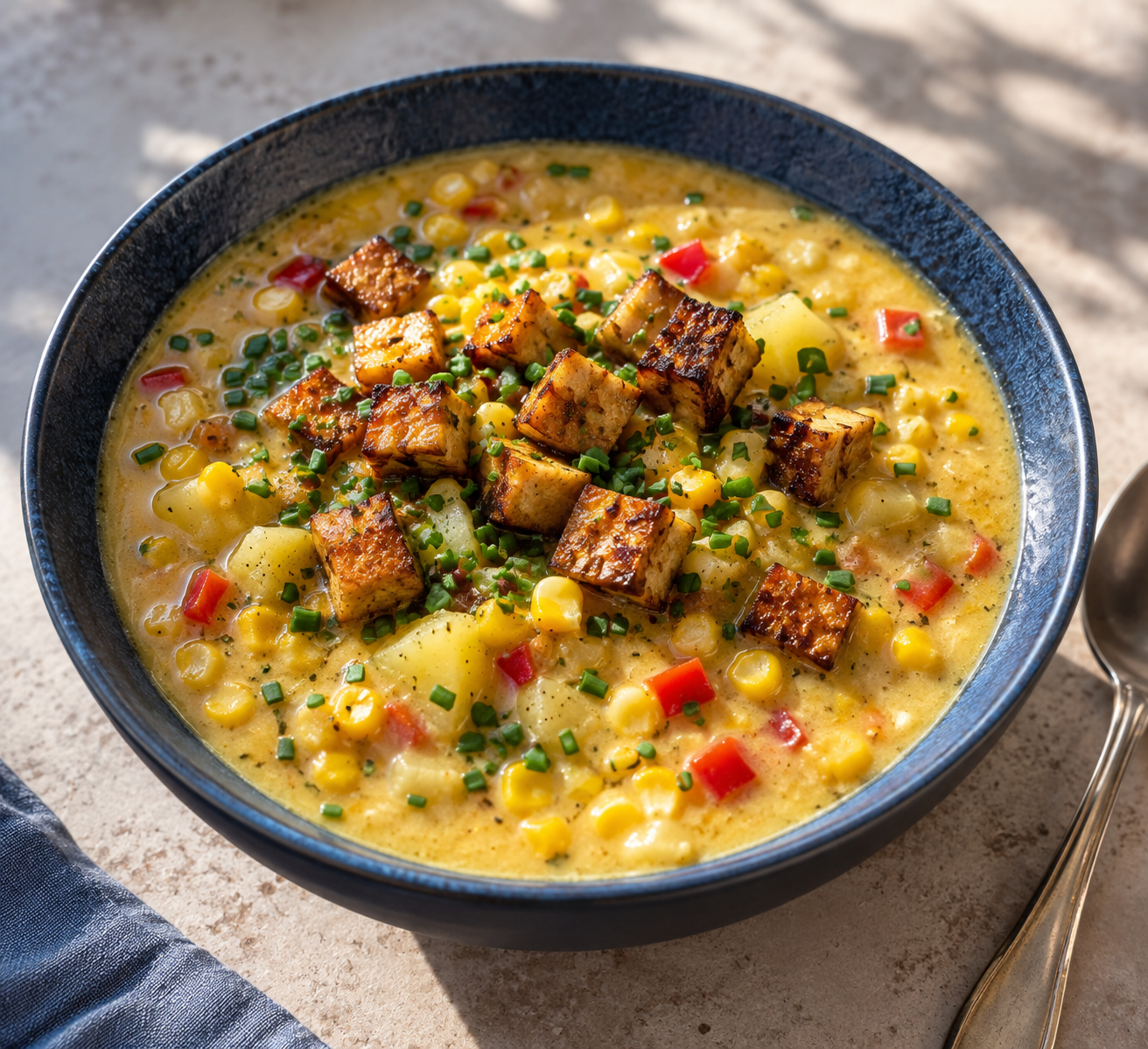 Cremige Maissuppe mit Kartoffeln und knusprigem Räuchertofu