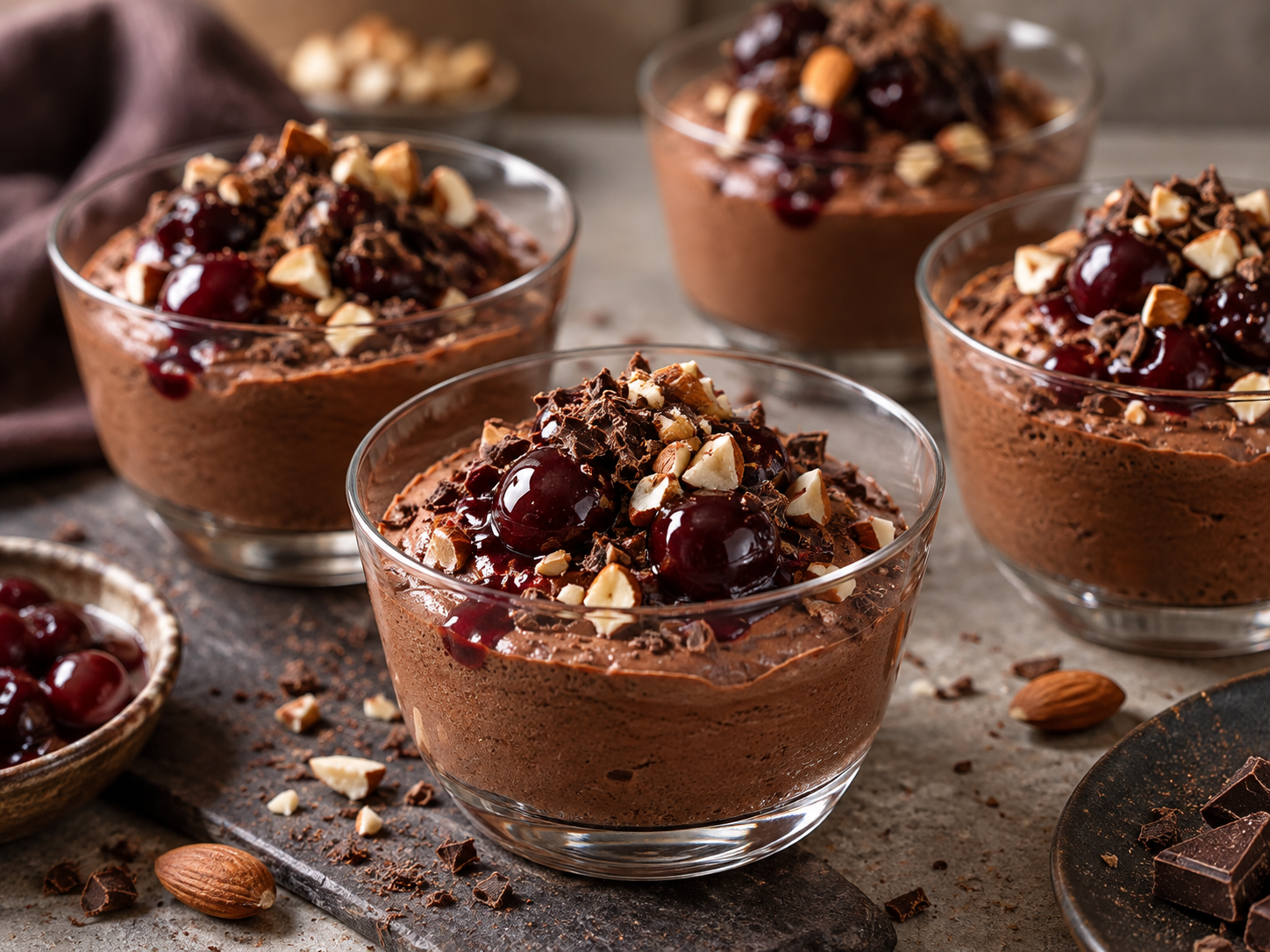 Schokoladenmousse mit Espresso-Kirschen und Mandel-Crunch