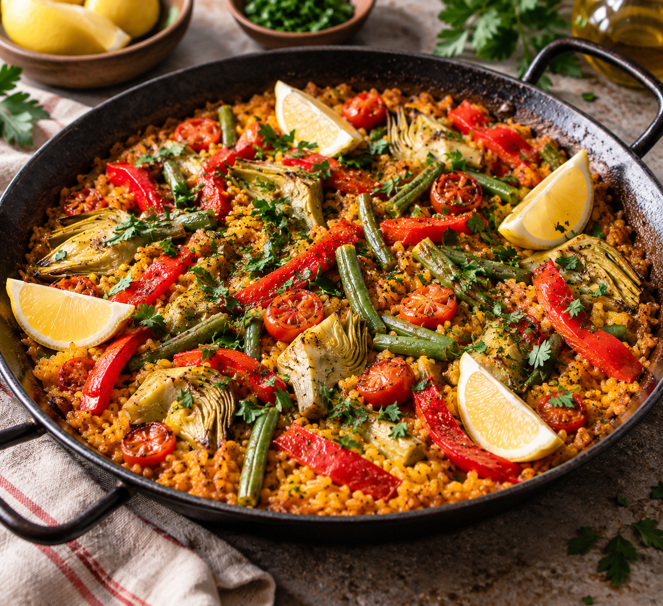 Spanische Ofen-Paella mit Peperoni, Artischocken und grünen Bohnen