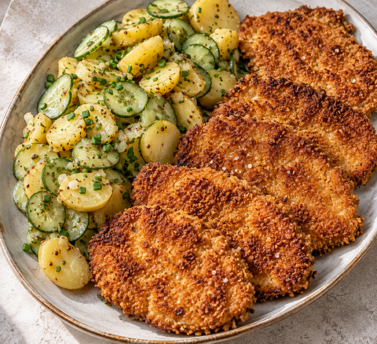 Knuspriges Sellerieschnitzel mit warmem Kartoffel-Gurkensalat