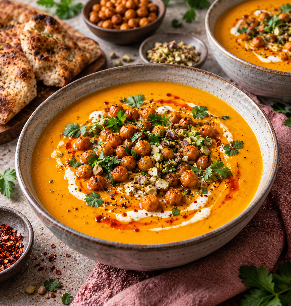 Geröstete Kürbis-Paprika-Suppe mit Harissa-Kichererbsen und Pistazien
