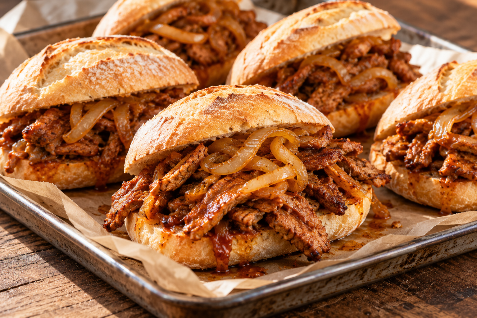 Portugiesisch inspirierte Seitan-Sandwiches mit Röstzwiebeln