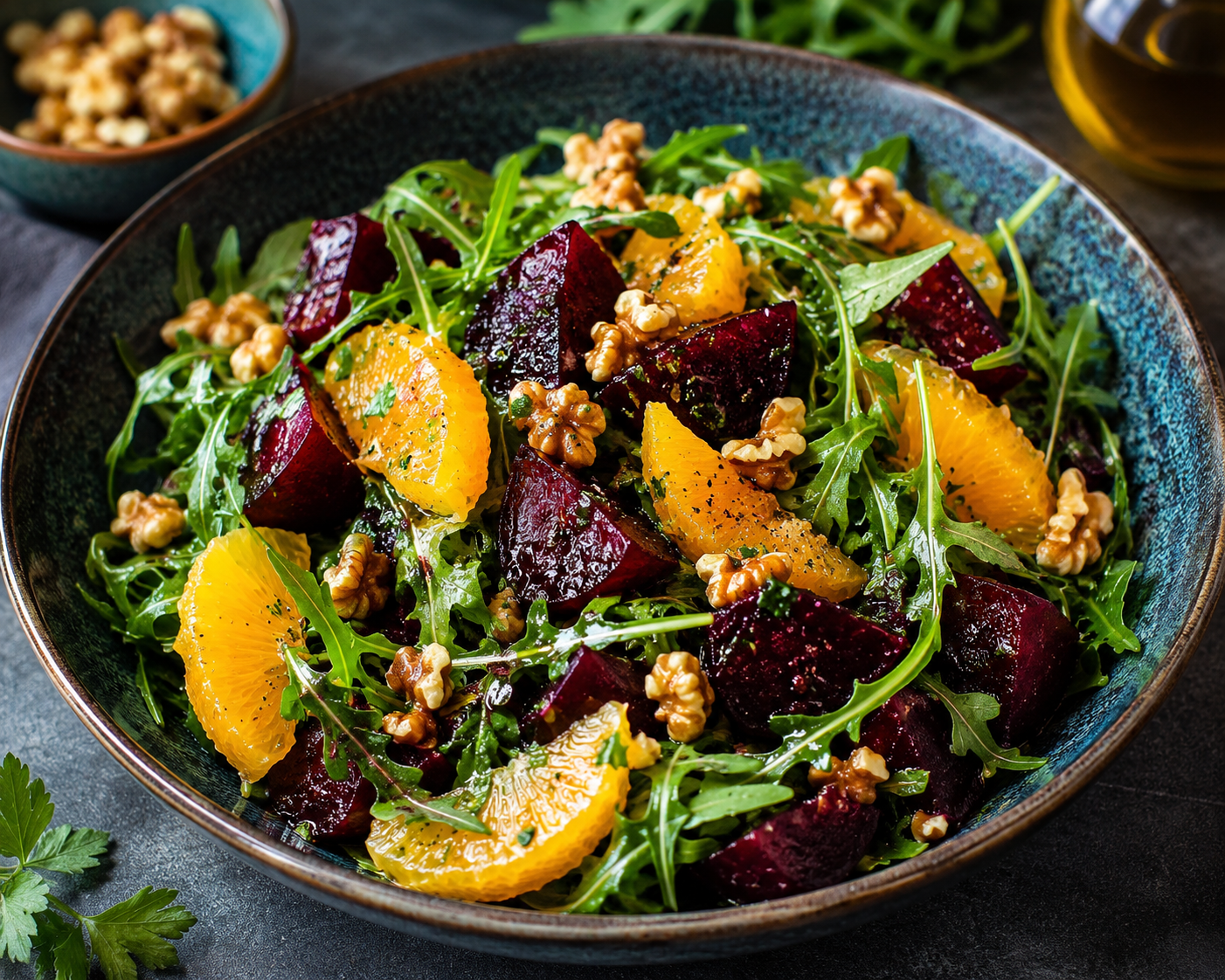 Ofen-Randen-Salat mit Orange und knusprigen Baumnüssen