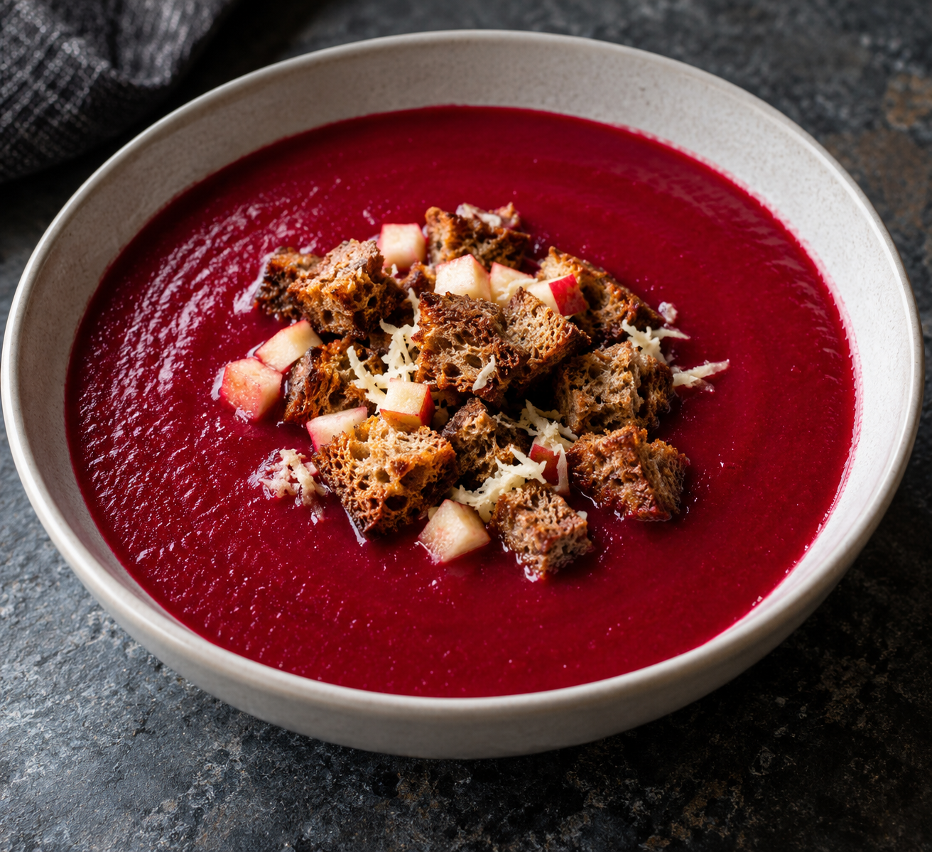 Randen-Apfel-Suppe mit Meerrettich und Roggen-Croûtons