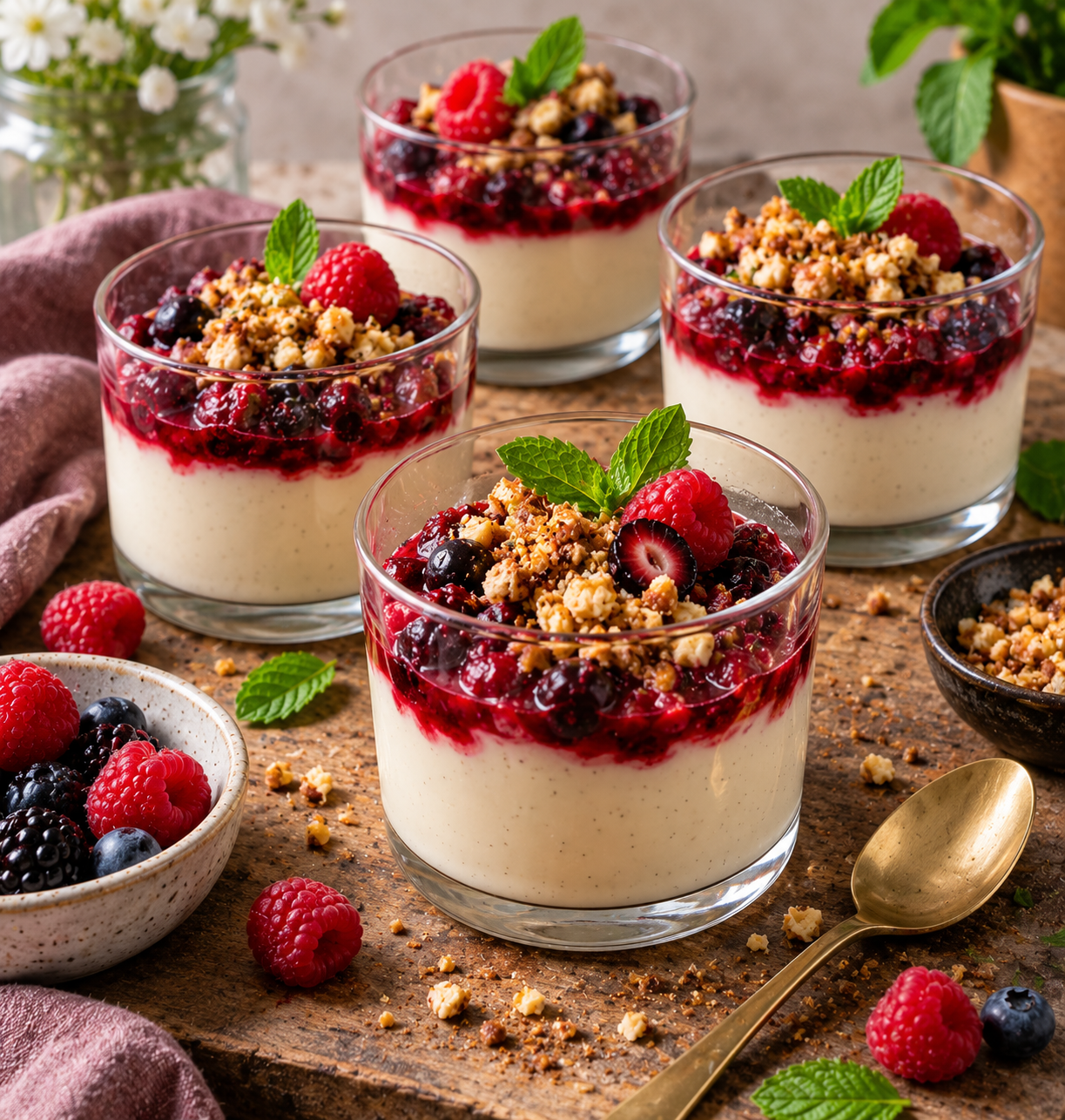 Vanille-Panna-Cotta mit warmen Beeren und Mandel-Crunch