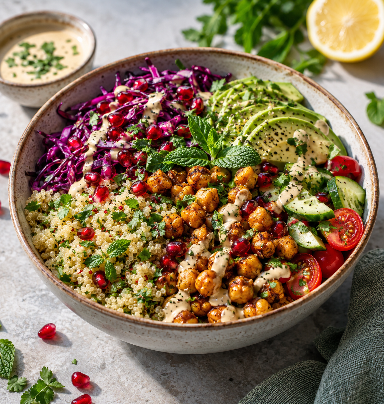 Levantinische Kichererbsen-Bowl mit Zitronen-Tahini-Dressing