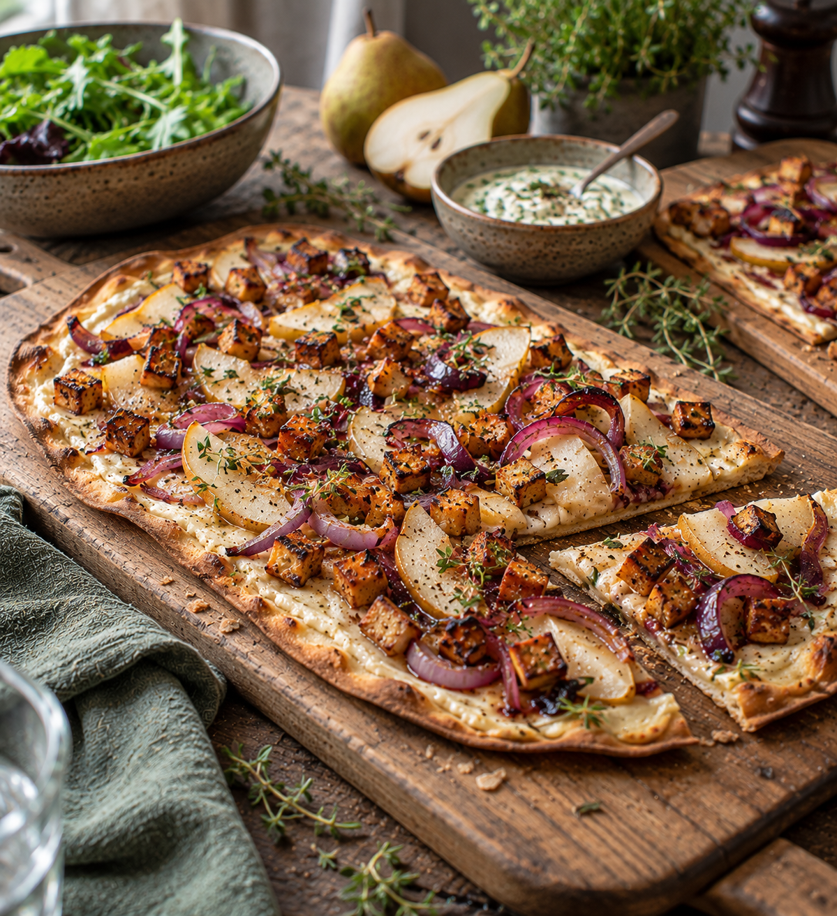 Veganer Flammkuchen mit Birne, roten Zwiebeln und Räuchertofu