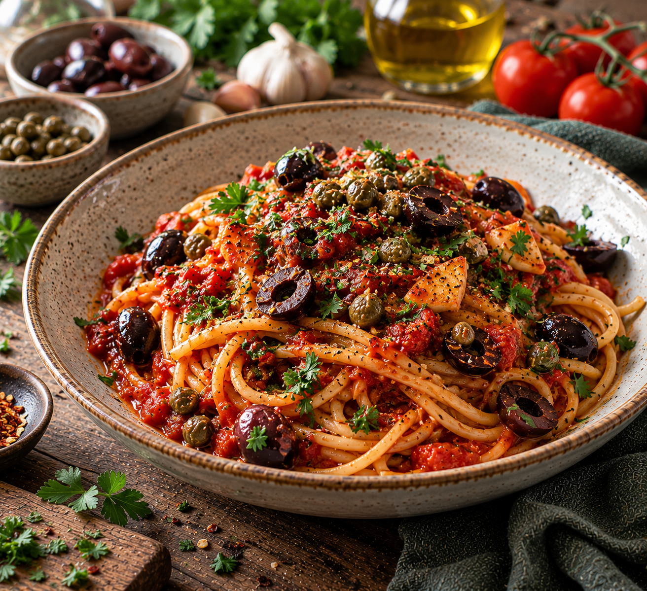 Spaghetti alla Puttanesca mit Oliven und Kapern