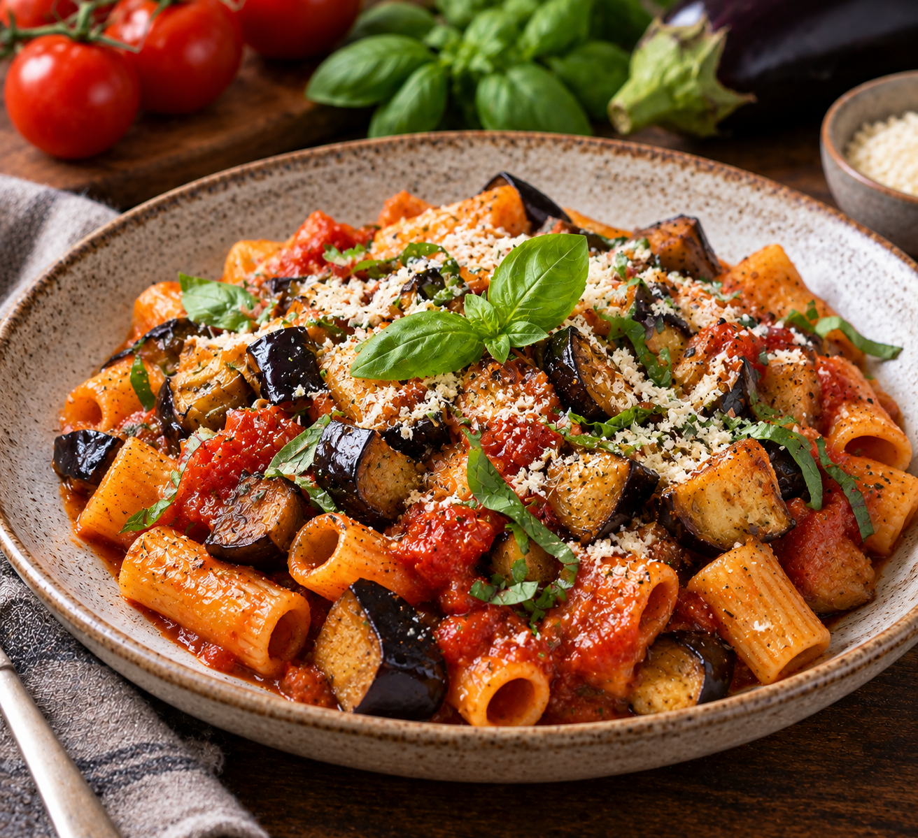 Sizilianische Pasta alla Norma mit gebratenen Auberginen, Tomatensauce und frischem Basilikum