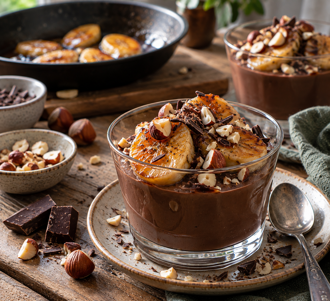 Schokoladen-Haselnuss-Pudding mit karamellisierten Bananen