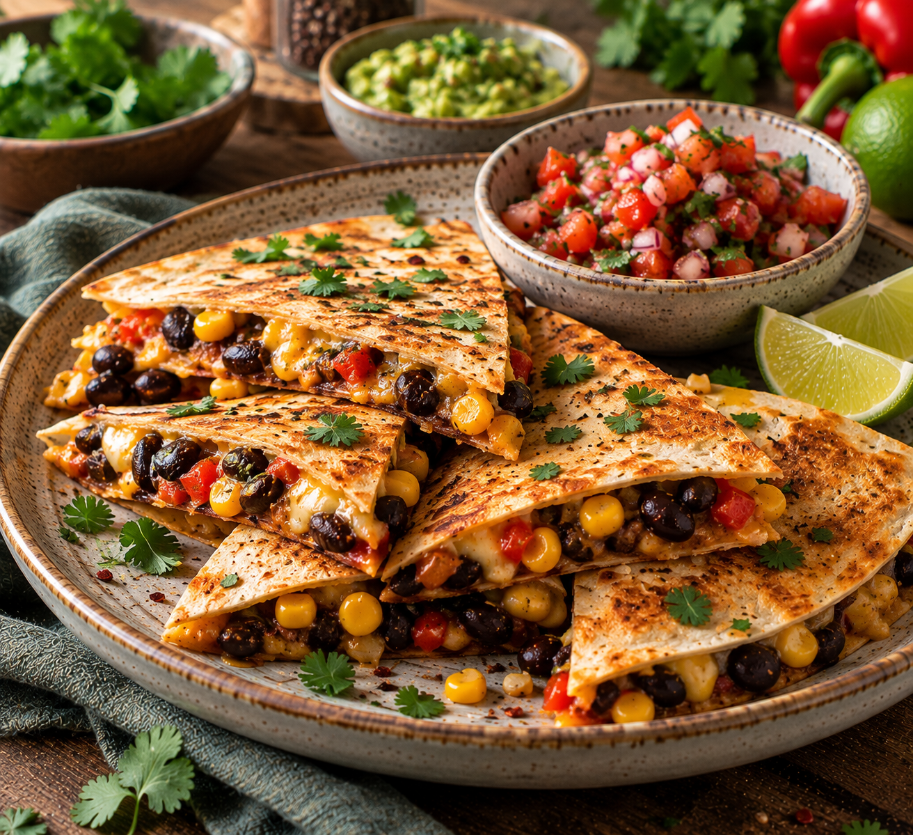 Mexikanische Quesadillas mit schwarzen Bohnen und Mais