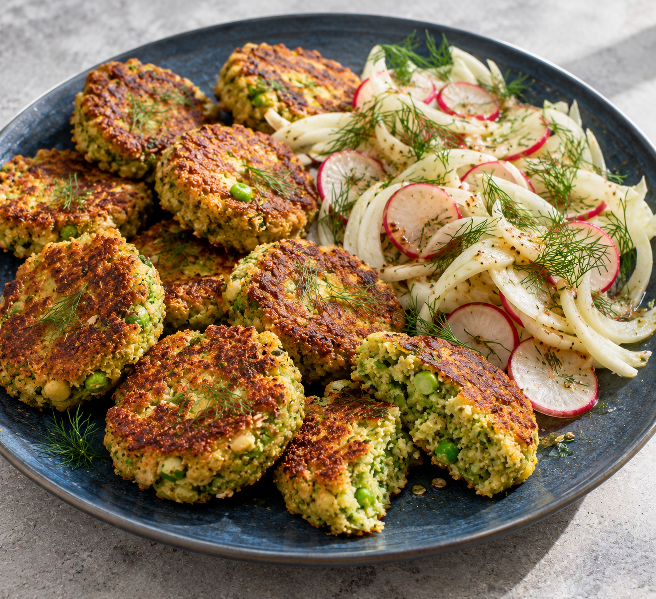 Knusprige Erbsen-Hafer-Küchlein mit Fenchel-Radieschen-Salat