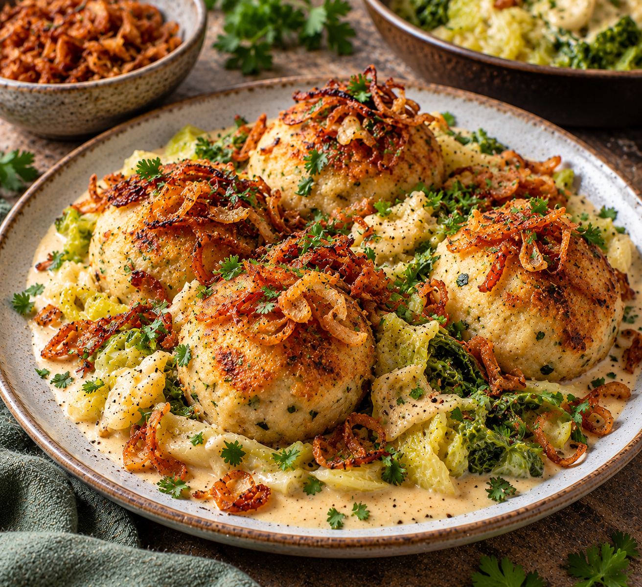 Herzhafte Laugenknödel mit Rahmwirsing und Röstzwiebeln