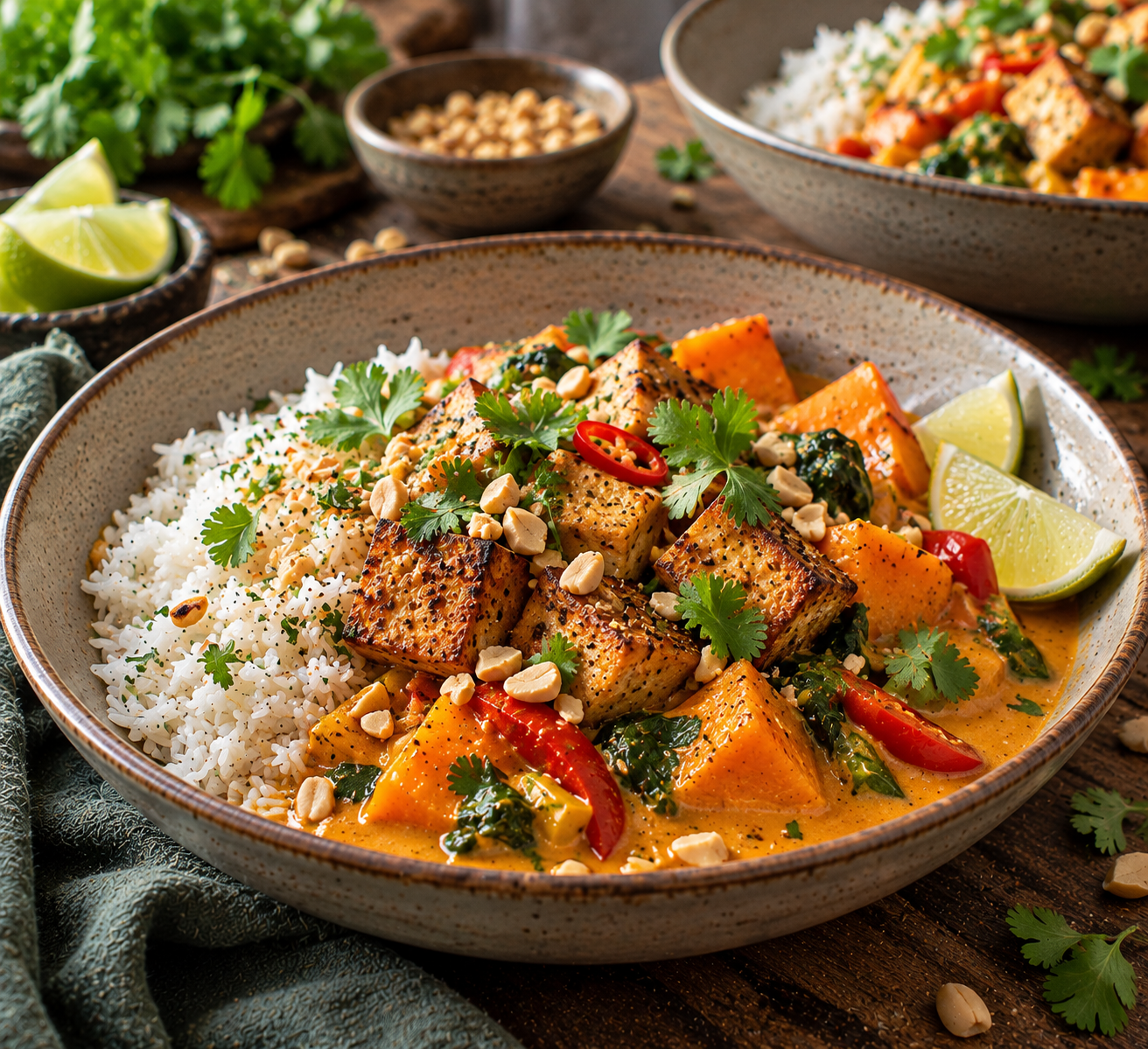Thai-Kürbis-Curry mit knusprigem Tofu und Jasminreis