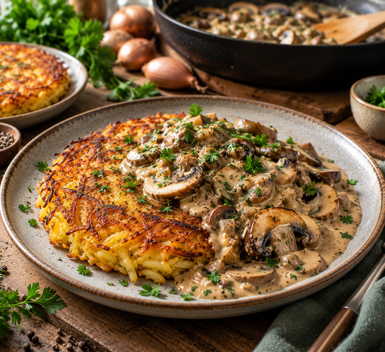 Schweizer Kartoffelrösti mit cremigem Pilzragout