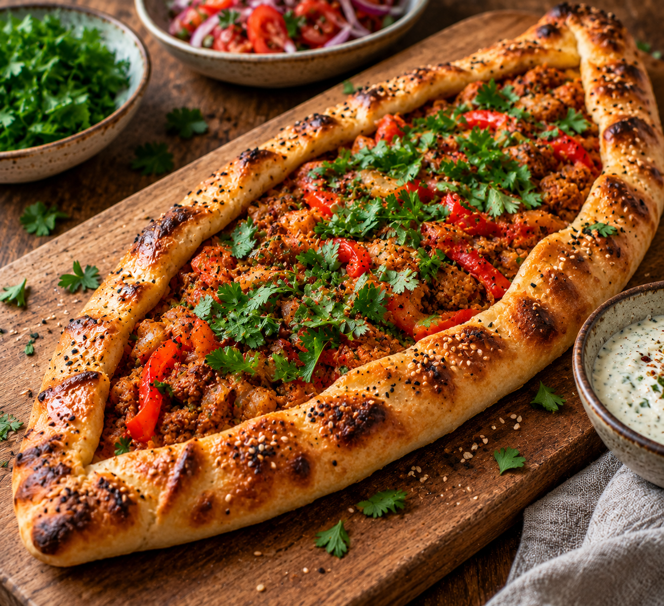 Türkische Pide mit würzigem Sojahack, Peperoni und Petersilie