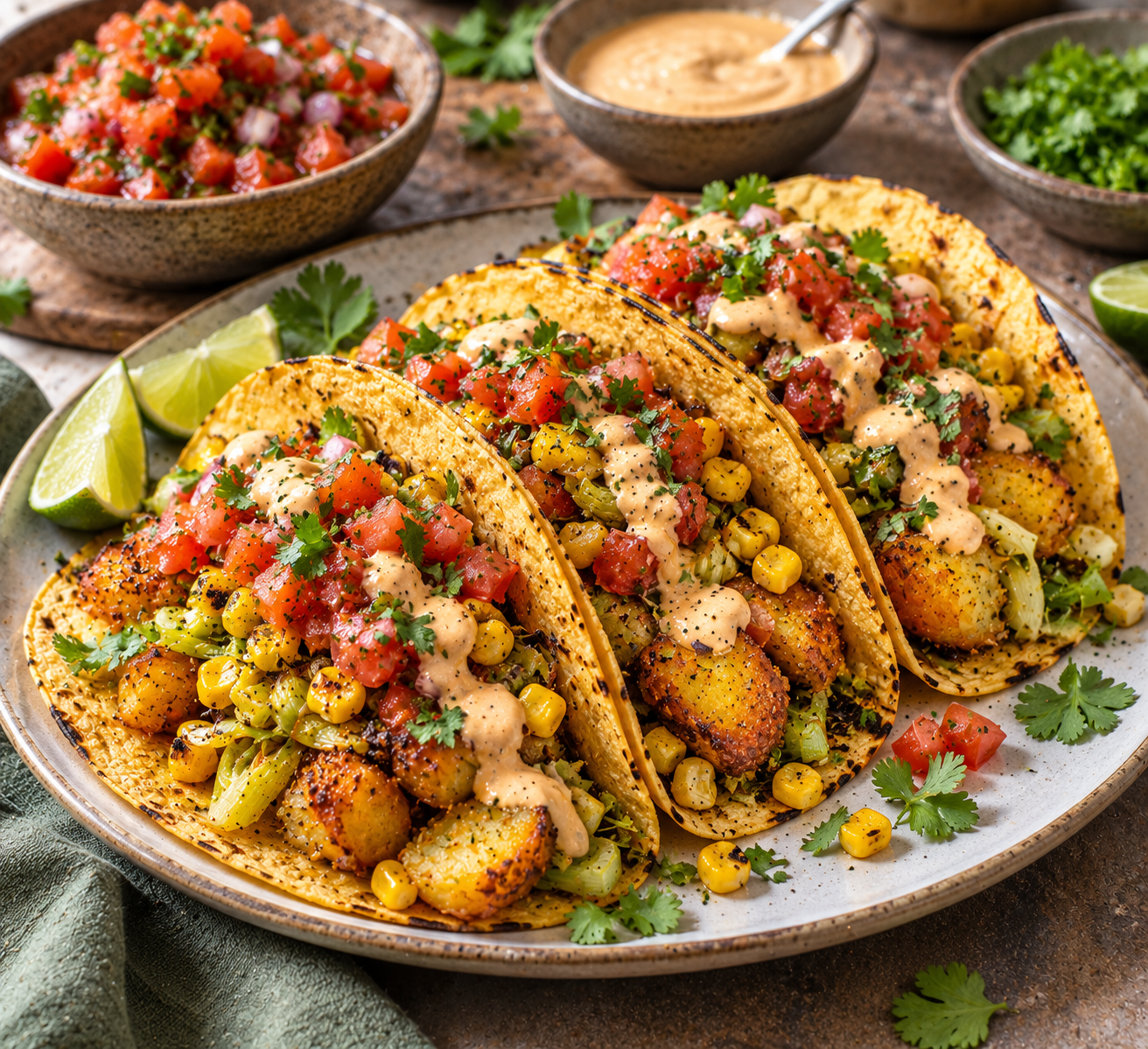 Knusprige Kartoffel-Tacos mit Lauch, Mais und rauchiger Tomatensalsa