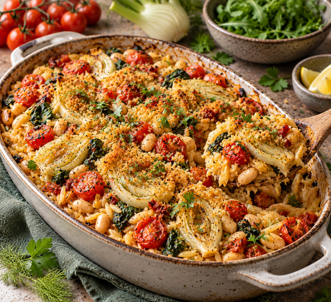 Mediterraner Orzo-Auflauf mit Fenchel, Tomaten und weissen Bohnen